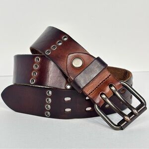 Vintage GAP Brown Leather Boho Western Belt Grommets Double Prong Brass Buckle M